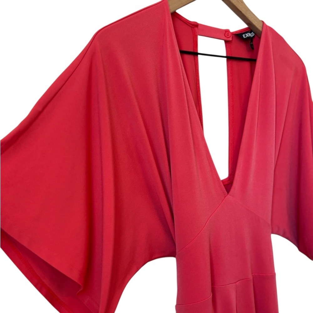 Express Watermelon Pink Flowy Romper Sz M Tie Back Deep V Neck Cut Out Stretchy - Picture 3 of 9